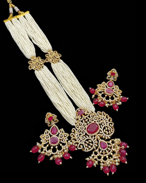 Gorgeous Designer Hand Setting Ruby Shade High Quality Stone with American Diamond Gold Finish Adjustable Necklace and Earrings for Special Occasion