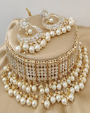 Beautiful Golden Color Diamond Mirrors Choker Necklace and Charming Earrings with Beautiful White Color Pearls for Special Occasion