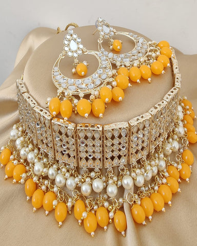 Golden Color Diamond Mirrors Choker Necklace and Earrings with Beautiful Yellow Color Pearls for Special Occasion