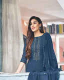 Beautiful Blue Color Heavy Georgette Embroidery Work Kurti with Heavy Santoon Bottom and Inner with Heavy Georgette Four Sided Lace Work Dupatta for Special Occasion