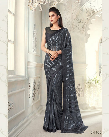 Beautiful Black Color Soft Georgette Party Wear Saree