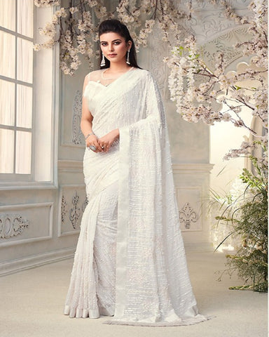 Beautiful White Color Soft Georgette Lustrous Party Wear Saree