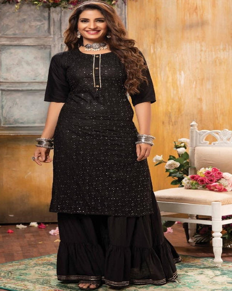 Charming Black Color High Quality Rayon Sharara Salwar Suit with Heavy Work for Special Occasion