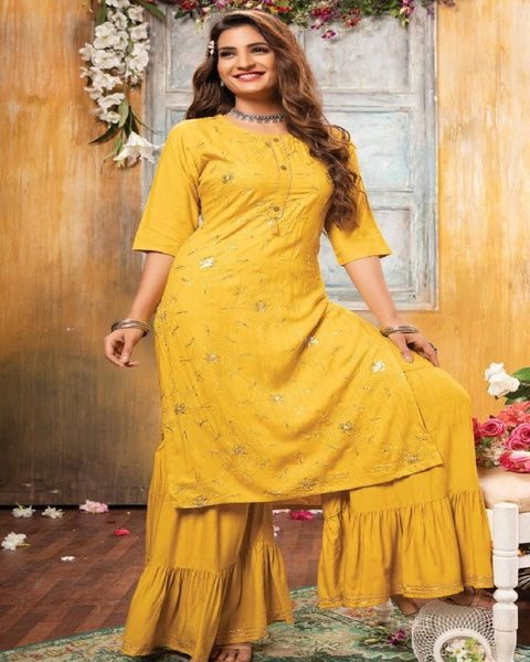 Lovely Yellow Color High Quality Rayon Sharara Salwar Suit with Heavy Work for Special Occasion