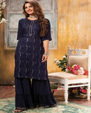 Classy Dark Blue Color High Quality Rayon Sharara Salwar Suit with Heavy Work for Special Occasion