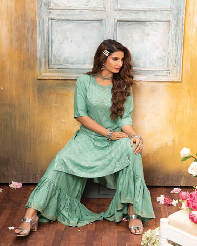 Beautiful Light Green Color High Quality Rayon Sharara Salwar Suit with Heavy Work for Special Occasion