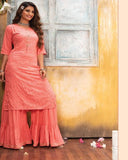 Beautiful Peach Color High Quality Rayon Sharara Salwar Suit with Heavy Work for Special Occasion