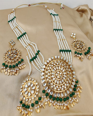Gorgeous Golden Color Mirror Necklace, Earrings and Matha Tikka with Beautiful Green Color Pearls for Special Occasion