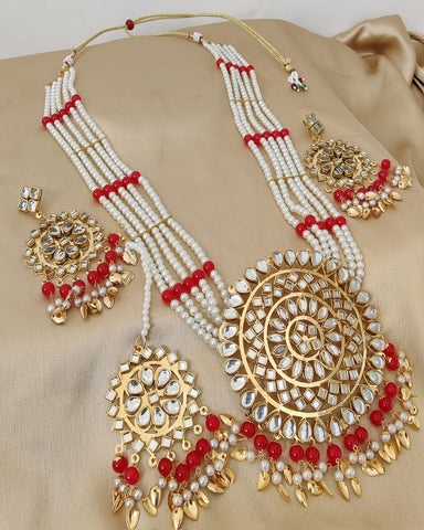 Pretty Golden Color Mirror Necklace, Earrings and Matha Tikka with Charming Red Color Pearls for Special Occasion