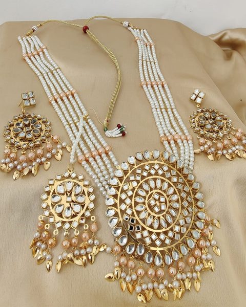 Beautiful Golden Color Mirror Necklace, Earrings and Matha Tikka with Charming Light Brown Color Pearls for Special Occasion