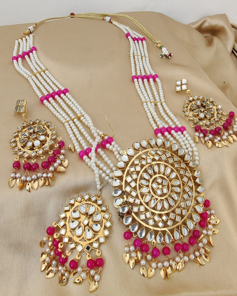Classy Golden Color Mirror Necklace, Earrings and Matha Tikka with Charming Pink Color Pearls for Special Occasion