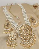 Charming Golden Color Mirror Necklace, Earrings and Matha Tikka with Beautiful White Color Pearls for Special Occasion