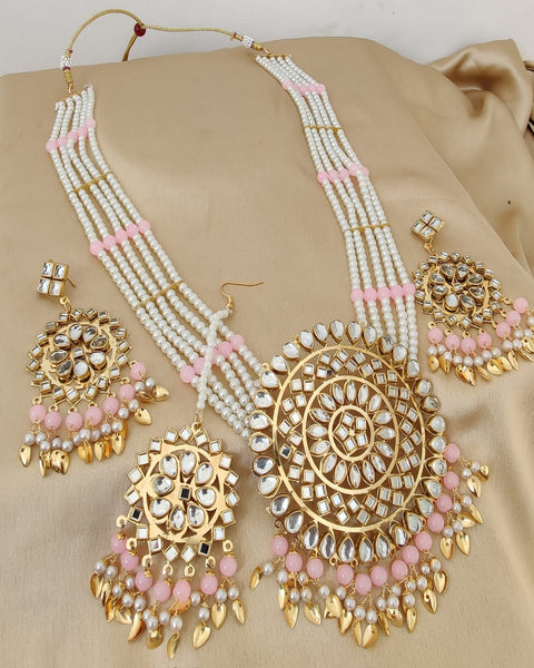 Lovely Golden Color Mirror Necklace, Earrings and Matha Tikka with Charming Light Pink Color Pearls for Special Occasion