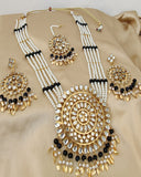 Royal Golden Color Mirror Necklace, Earrings and Matha Tikka with Charming Black Color Pearls for Special Occasion