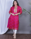 Beautiful Pink Color Traditional Bandhej Print Kota Doriya Kurti with Gota Patti and Fancy Lace Work