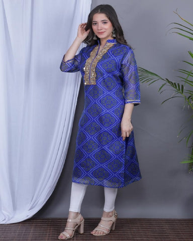 Gorgeous Blue Color Traditional Bandhej Print Kota Doriya Kurti with Gota Patti and Fancy Lace Work