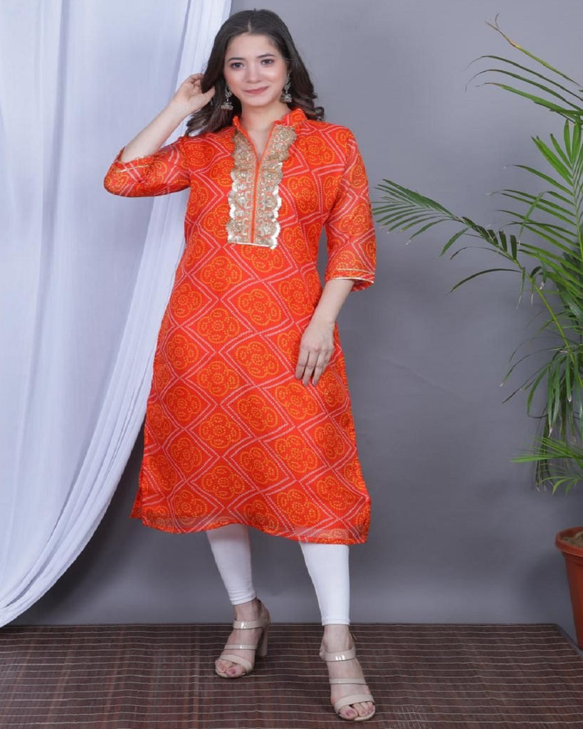 Pretty Orange Color Traditional Bandhej Print Kota Doriya Kurti