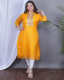 Lovely Yellow Color Traditional Bandhej Print Kota Doriya Kurti with Gota Patti and Fancy Lace Work