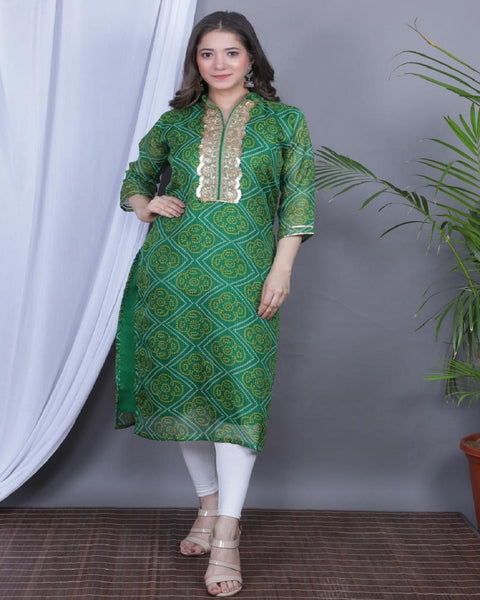 Sublime Green Color Traditional Bandhej Print Kota Doriya Kurti with Gota Patti and Fancy Lace Work