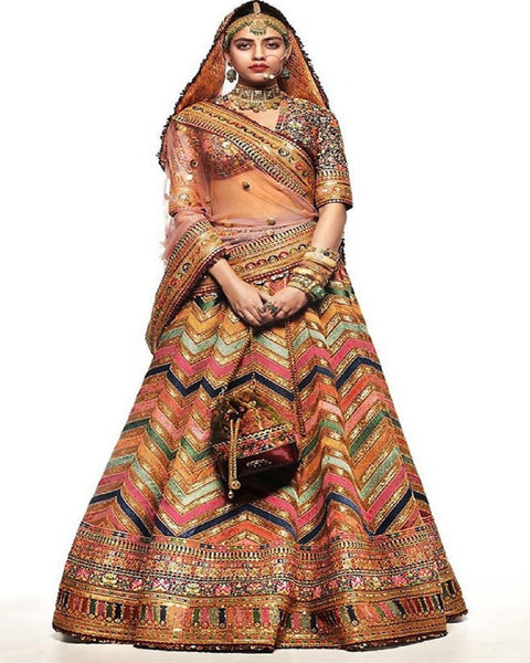 Gorgeous Golden Gotta Satin Sabya Multi Zig Zag Lehenga Choli with Heavy Digital Print and Sequins Lace