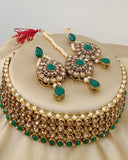 Pretty Golden Color Necklace, Earrings and Matha Tikka with Beautiful Green Color Pearls for Special Occasion