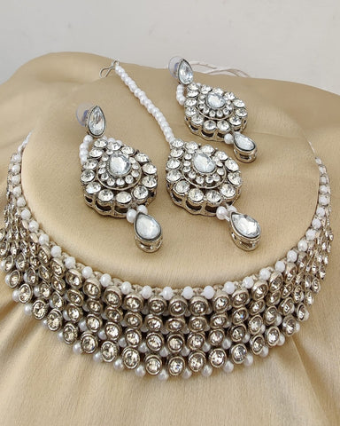 Lovely White Color Necklace, Earrings and Matha Tikka Special Occasion