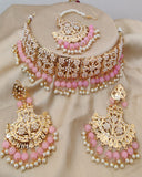 Gorgeous Golden Color Jadau Necklace Set, Earrings and Matha Tikka with Beautiful Light Pink Color Pearls for Special Occasion