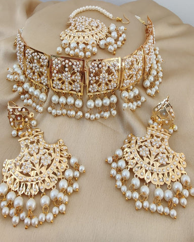 Lovely Golden Color Jadau Necklace Set, Earrings and Matha Tikka with Beautiful Light Silver Color Pearls for Special Occasion