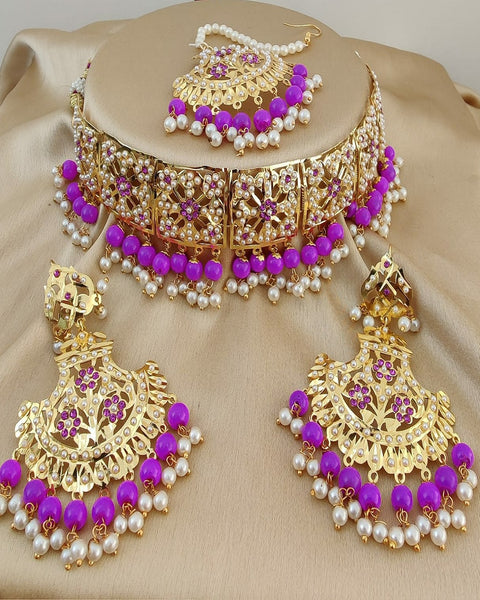 Pretty Golden Color Jadau Necklace Set, Earrings and Matha Tikka with Beautiful Purple Color Pearls for Special Occasion