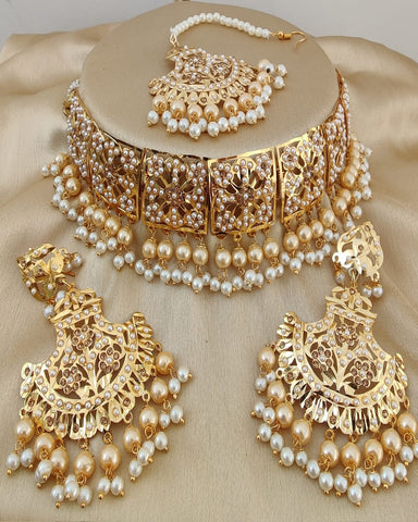 Excellent Golden Color Jadau Necklace Set, Earrings and Matha Tikka with Beautiful Golden and Light Silver Color Pearls for Special Occasion