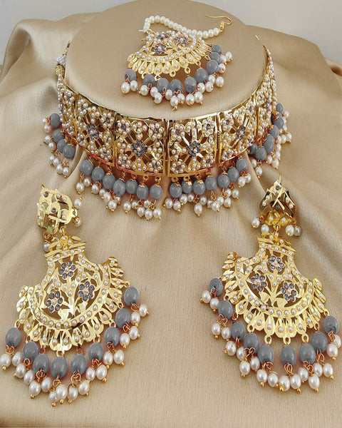 Superb Golden Color Jadau Necklace Set, Earrings and Matha Tikka with Beautiful Light Brown Color Pearls for Special Occasion