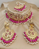Charming Golden Color Jadau Necklace Set, Earrings and Matha Tikka with Beautiful Pink Color Pearls for Special Occasion