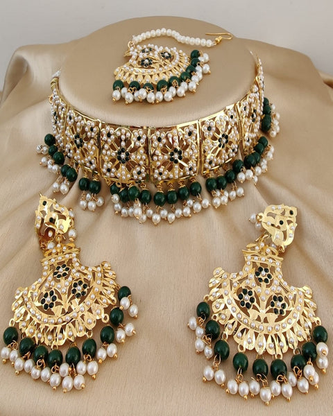 Magnificent Golden Color Jadau Necklace Set, Earrings and Matha Tikka with Beautiful Green Color Pearls for Special Occasion