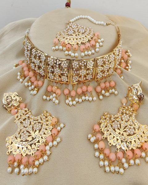 Pretty Golden Color Jadau Necklace Set, Earrings and Matha Tikka with Beautiful Light Orange Color Pearls for Special Occasion