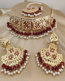 Elegant Golden Color Jadau Necklace Set, Earrings and Matha Tikka with Beautiful Maroon Color Pearls for Special Occasion
