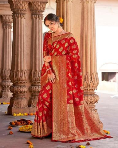 Gorgeous Red Color Silk Saree Weaving with Charming Tassel for Special Occasion