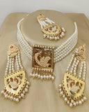 Charming Golden Color Necklace, Earrings and Matha Tikka with Beautiful White Color Pearls for Special Occasion