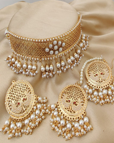 Pretty Golden Color Necklace, Earrings and Matha Tikka with Charming White Color Pearls for Special Occasion