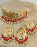 Pretty Golden Color Necklace, Earrings and Matha Tikka with Gorgeous Red Color Pearls for Special Occasion