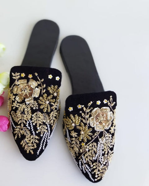 Beautiful Black Color Comfortable Mules with Charming Brown Color Floral Design