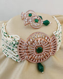 Gorgeous White Color Necklace and Earrings Shaded with Red Color with Charming Green Color Pearls for Special Occasion