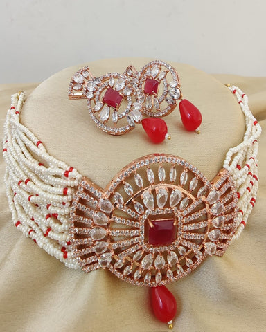 Beautiful White and Red Color Necklace with Charming Earrings for Special Occasion