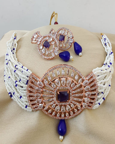 Pretty White Color Necklace and Earrings Shaded with Red Color with Gorgeous Blue Color Pearls for Special Occasion