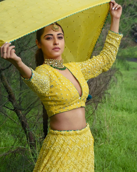 Gorgeous Yellow Color Faux Georgette Lehenga Choli with Heavy Embroidery Work for Special Occasion