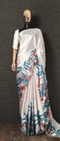 Lovely White Color Saree with Gorgeous Blue Color Floral Design and White Color Blouse for Special Occasion