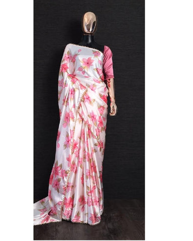 Beautiful White and Pink Color Saree with Lovely Pink Color Blouse for Special Occasion