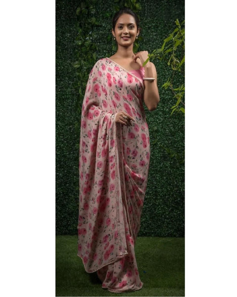 Classy White and Pink Color Saree and Beautiful Pink Color Blouse for Special Occasion