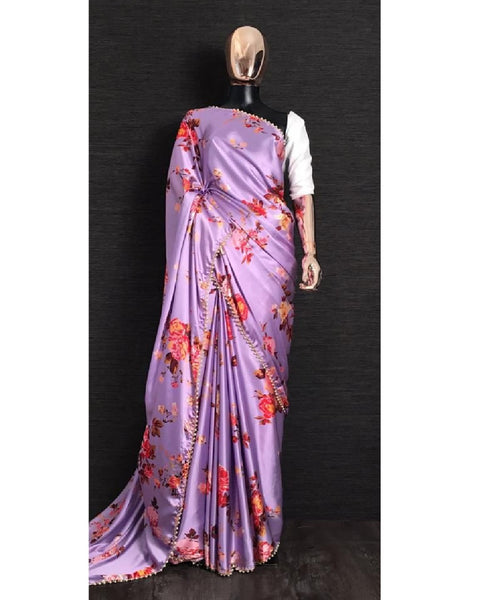Lovely Violet Color Saree with Gorgeous Red and White Color Floral Design and White Color Blouse for Special Occasion