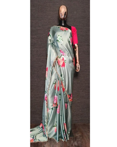 Beautiful Silvery Grey Color Saree with Gorgeous Pink and Green Color Floral Design and Pink Color Blouse for Special Occasion