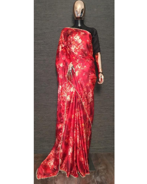 Charming Red Color Saree with Gorgeous Floral Design and Black Color Blouse for Special Occasion
